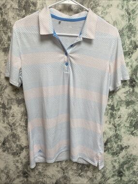 adidas White Polo with Light Blue and orange Dot Pattern